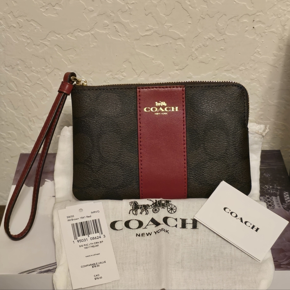 🆕️Coach Signature Monogram Brown/Red Wristlet W Dust Bag - Picture 10 of 12